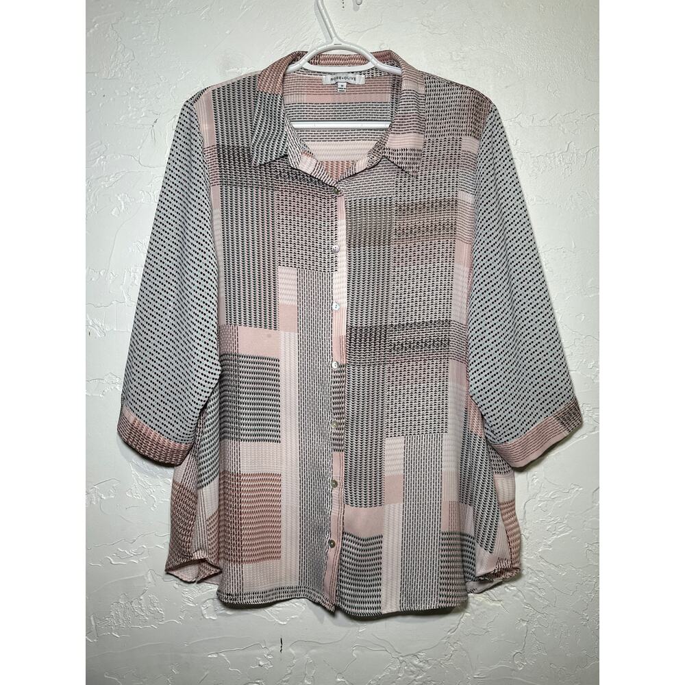Rose + Olive Button Down Patchwork Geometric Ligh… - image 1